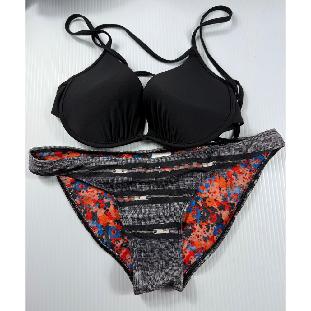 Body Glove Swimsuit Bikini Set Black Padded Top M Zipper print Bottom XS